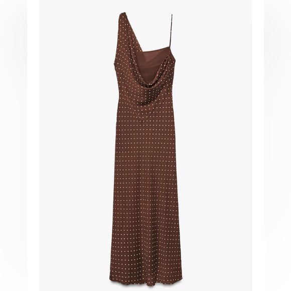 Zara Dresses & Skirts - Zara NWT brown polka dot asymmetrical cowl draped detail midi maxi dress